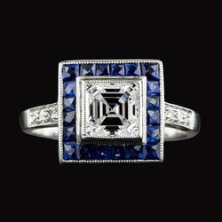 Halo Asscher Diamant & Trapez Blauer Saphir Ring 5 Karat Gold