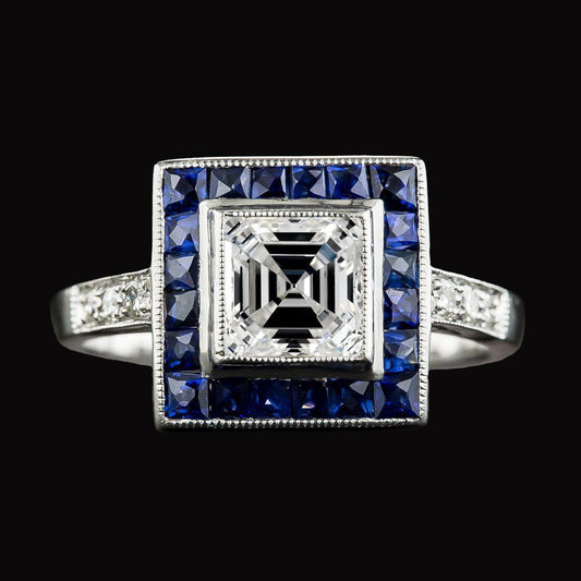 Halo Asscher Diamant & Trapez Blauer Saphir Ring 5 Karat Gold - harrychadent.ch