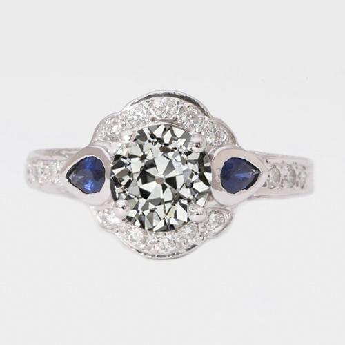 Halo Damenring Runder Altschliff Diamant & Birnenblaue Saphire 3 Karat - harrychadent.ch