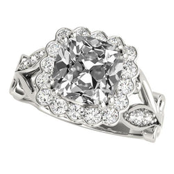 Halo Kissen Altschliff Diamantring Blume mit Blatt-Stil 9,50 Karat
