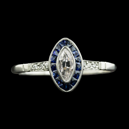 Halo Marquise Altschliff Diamant & Trapezoid Saphir Ring 3 Karat - harrychadent.ch