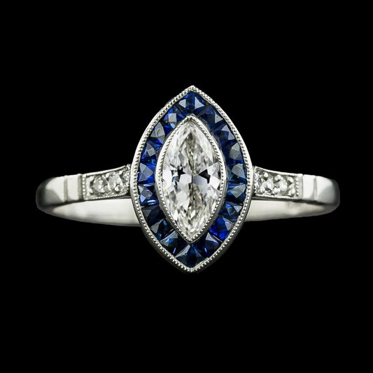 Halo Marquise Altschliff Diamant & Trapezoid Saphir Ring 3,50 Karat - harrychadent.ch