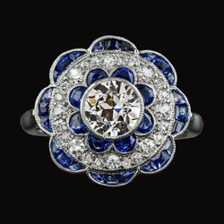 Halo Old Cut Diamant & Blauer Saphir Ring Blumenstil 4,50 Karat