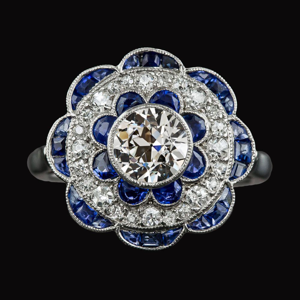 Halo Old Cut Diamant & Blauer Saphir Ring Blumenstil 4,50 Karat - harrychadent.ch