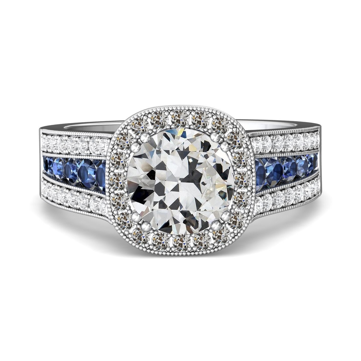 Halo Old Mine Cut Diamant & blaue Saphire Ring Krappenset 6,50 Karat - harrychadent.ch