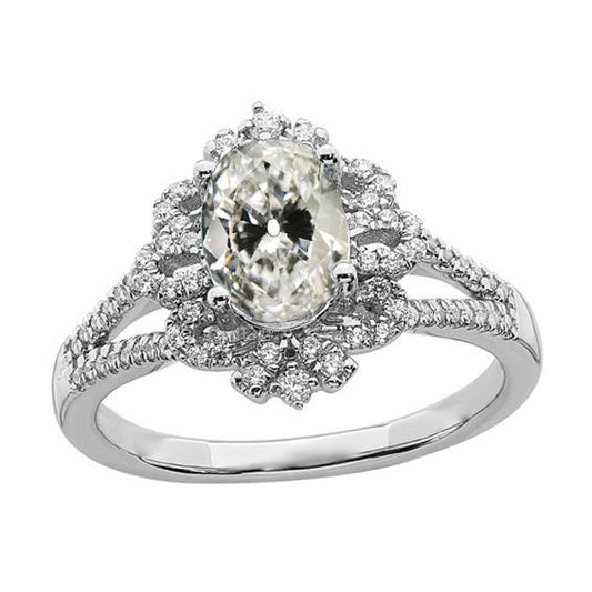Halo Oval Old Cut Diamant Ring Flower Style Split Shank 4,50 Karat - harrychadent.ch