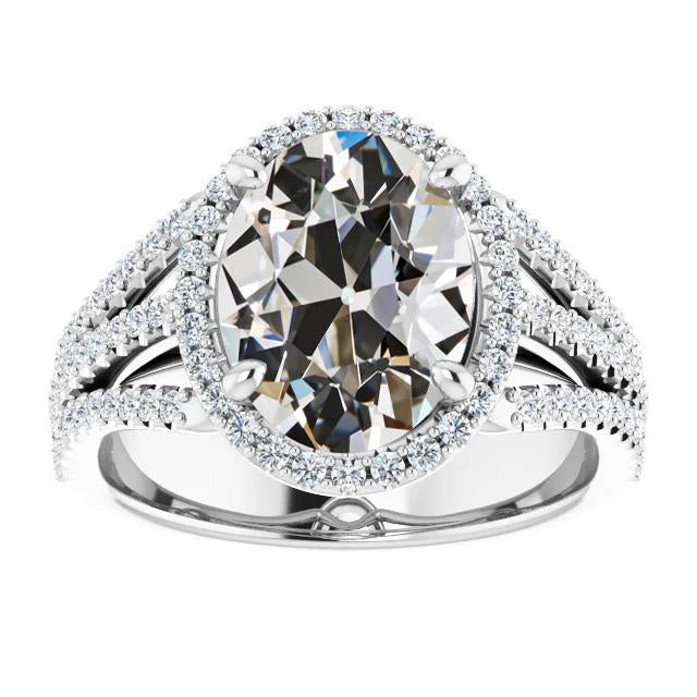 Halo Ovaler Altschliff-Diamant-Ring-Zinken-Doppelspaltschaft 8,75 Karat - harrychadent.ch