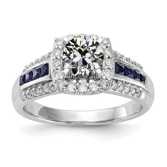 Halo Ring Alter Minenschliff Diamant & Prinzessin Blaue Saphire 3.75 Karat - harrychadent.ch