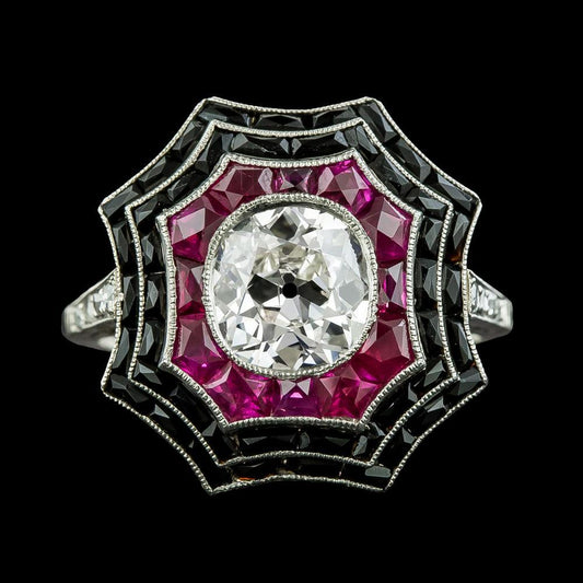 Halo Ring Altschliff Diamant Lünette Schwarzer Onyx & Rosa Saphire 5 Karat - harrychadent.ch