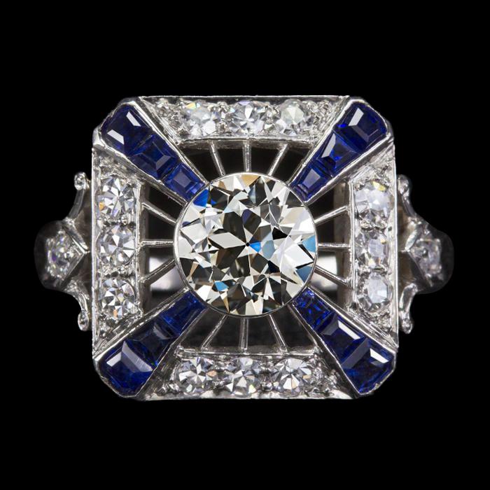 Halo-Ring im antiken Stil Alter Bergmann Diamant & blaue Saphire 4 Karat - harrychadent.ch
