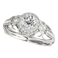 Halo-Ring im Stil mit 3 Steinen, rund, Diamanten im alten Minenschliff 3,75 Karat Milgrain