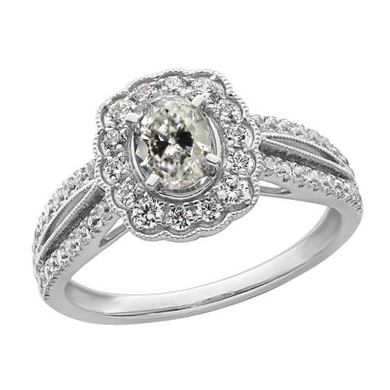 Halo Ring Ovaler Altschliff Diamant Split Prong Flower Style 5 Karat Gold - harrychadent.ch