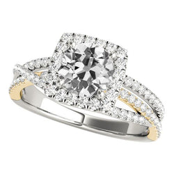 Halo-Ring, rund, alte Diamanten im Minenschliff, dreifach geteilter Schaft, 6,25 Karat