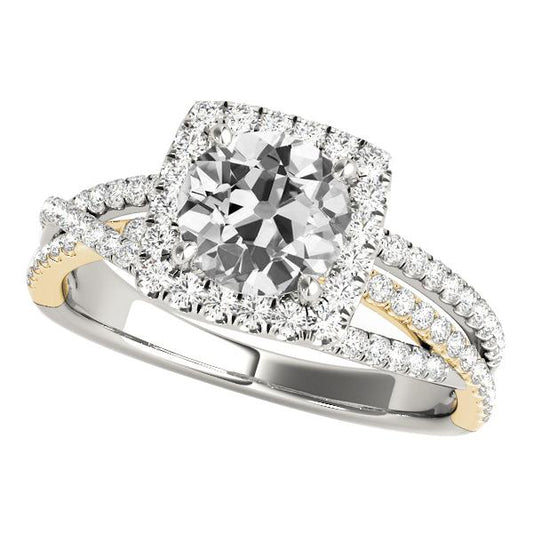 Halo-Ring, rund, alte Diamanten im Minenschliff, dreifach geteilter Schaft, 6,25 Karat - harrychadent.ch