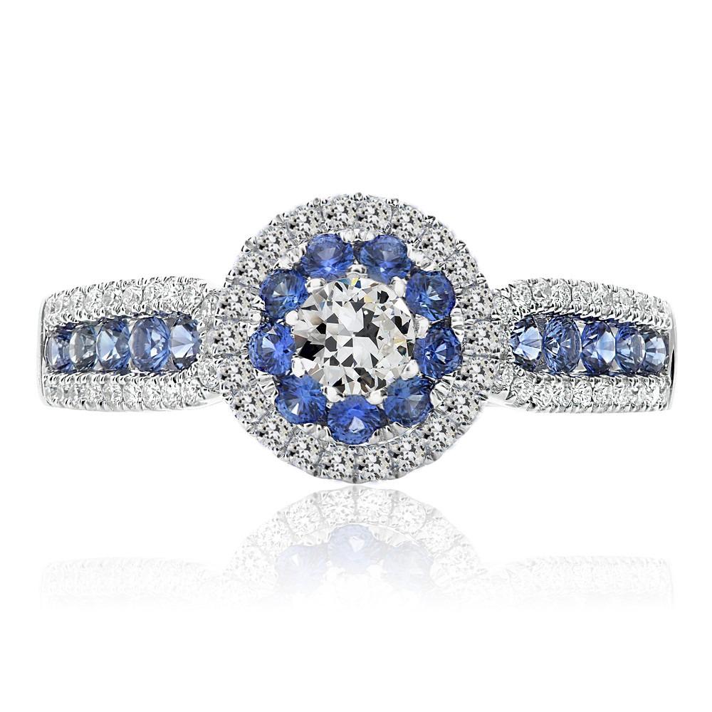 Halo Ring runder alter Bergmann Diamant & Ceylon Saphir Ring 7 Karat - harrychadent.ch