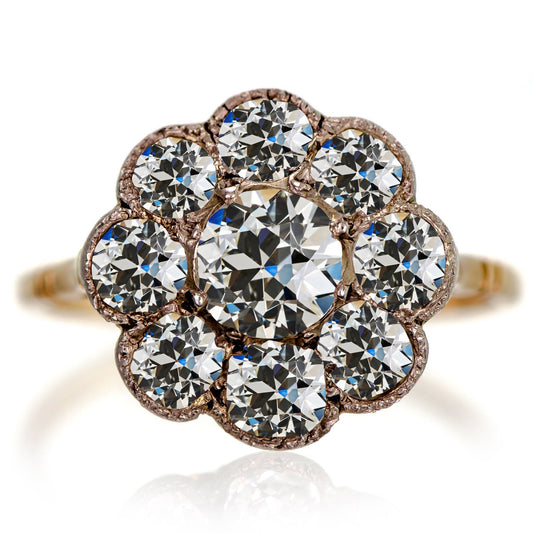 Halo Runder alter Bergmann Diamantring Blumenstil 10 Karat Gelbgold - harrychadent.ch