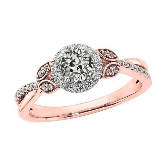 Halo Runder Altschliff-Diamantring Blatt-Stil mit geteiltem Schaft 2,50 Karat - harrychadent.ch