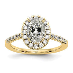 Halo Runder & Ovaler Altschliff Diamantring Gelbgold Schmuck 4 Karat