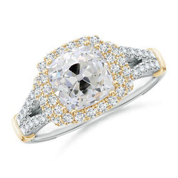 Kissen Natürlich Diamant Halo alter Bergmann Ring 4 Karat Gelb- & Weißgold 14K