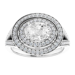 Ovaler alter Bergmann Diamant Double Halo Ring Krappenset Split Shank 9 Karat