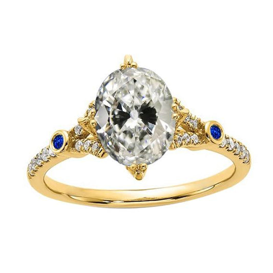 Ovaler alter Minenschliff Diamant & runder Ceylon Saphir Ring 5 Karat - harrychadent.ch