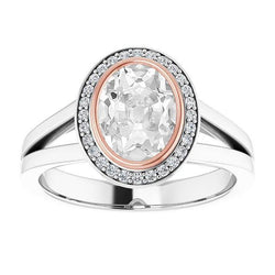 Ovaler Altschliff-Diamant-Halo-Ring Lünette Zinken-Set Split Shank 5 Karat