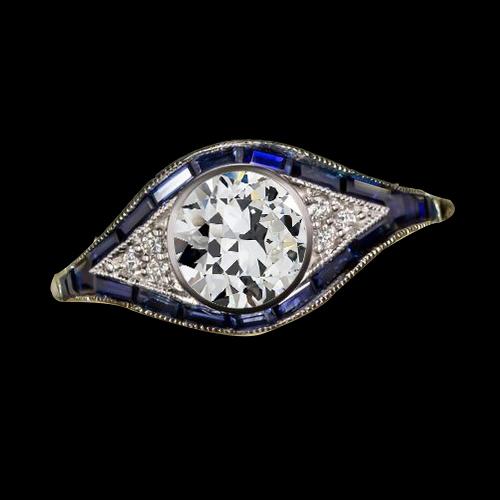 Runder Altschliff Diamant Lünette Set Ring & Baguette Saphir 3 Karat - harrychadent.ch