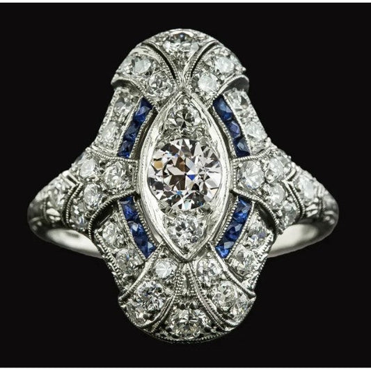 Wie Edwardian Jewelry Altschliff-Diamant-Baguette-Saphir-Ring Milgrain