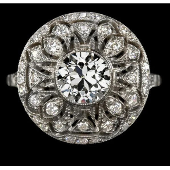 Wie Edwardian Jewelry Halo-Ring, rund, altes Bergmann-Diamant-Lünetten-Set