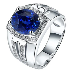 Halo-Ring für Herren, 4 Karat, ovaler Diamant und blauer Saphir, Schmuck, 14 Karat Gold