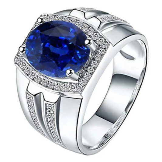 Halo-Ring für Herren, 4 Karat, ovaler Diamant und blauer Saphir, Schmuck, 14 Karat Gold