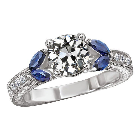 Antik-Stil Altschliff Diamant & Marquise Saphire Ring 5,50 Karat