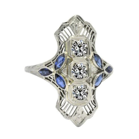 Art-Deco-Schmuck Neuer Edelsteinring Altschliff-Diamant & Marquise-Saphir