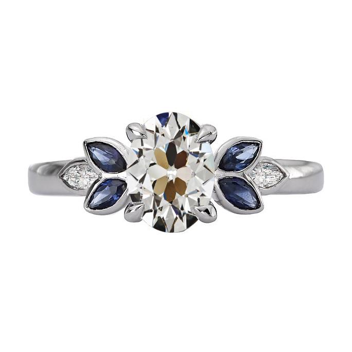 Ovaler Old Cut Diamant & Marquise Blue Saphir Ring 6,50 Karat - harrychadent.ch