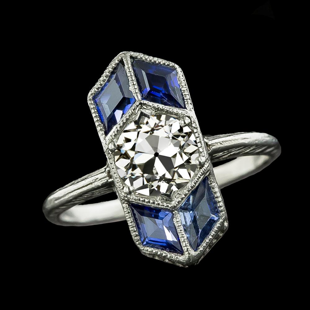 Runder alter Bergmann Diamantring & Baguette Blaue Saphire 3.50 Karat - harrychadent.ch