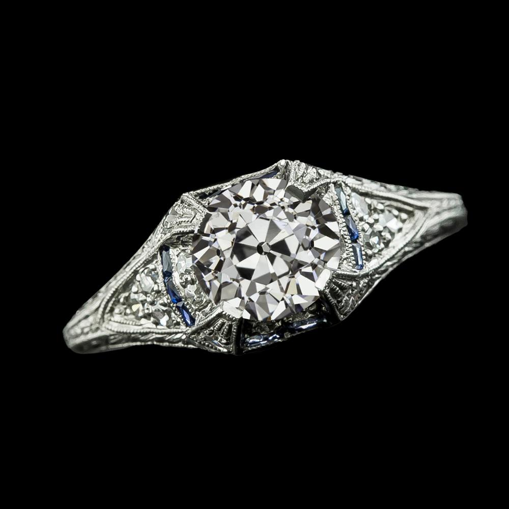 Runder alter Minenschliff Diamant & Baguette blauer Saphirring 2,50 Karat - harrychadent.ch