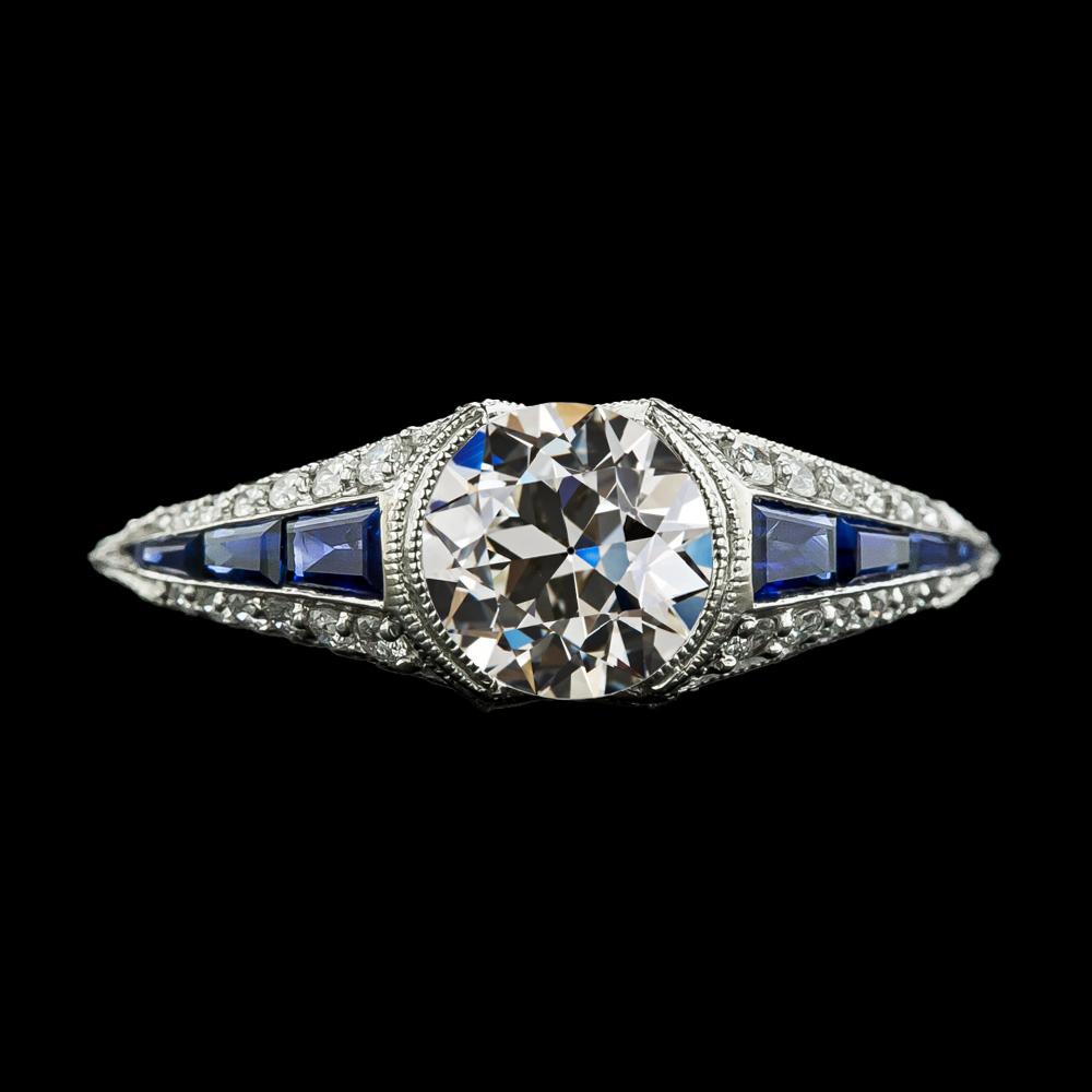 Runder Altschliff Diamant & Blauer Saphir Ring Halbe Lünette Set 3,50 Karat - harrychadent.ch