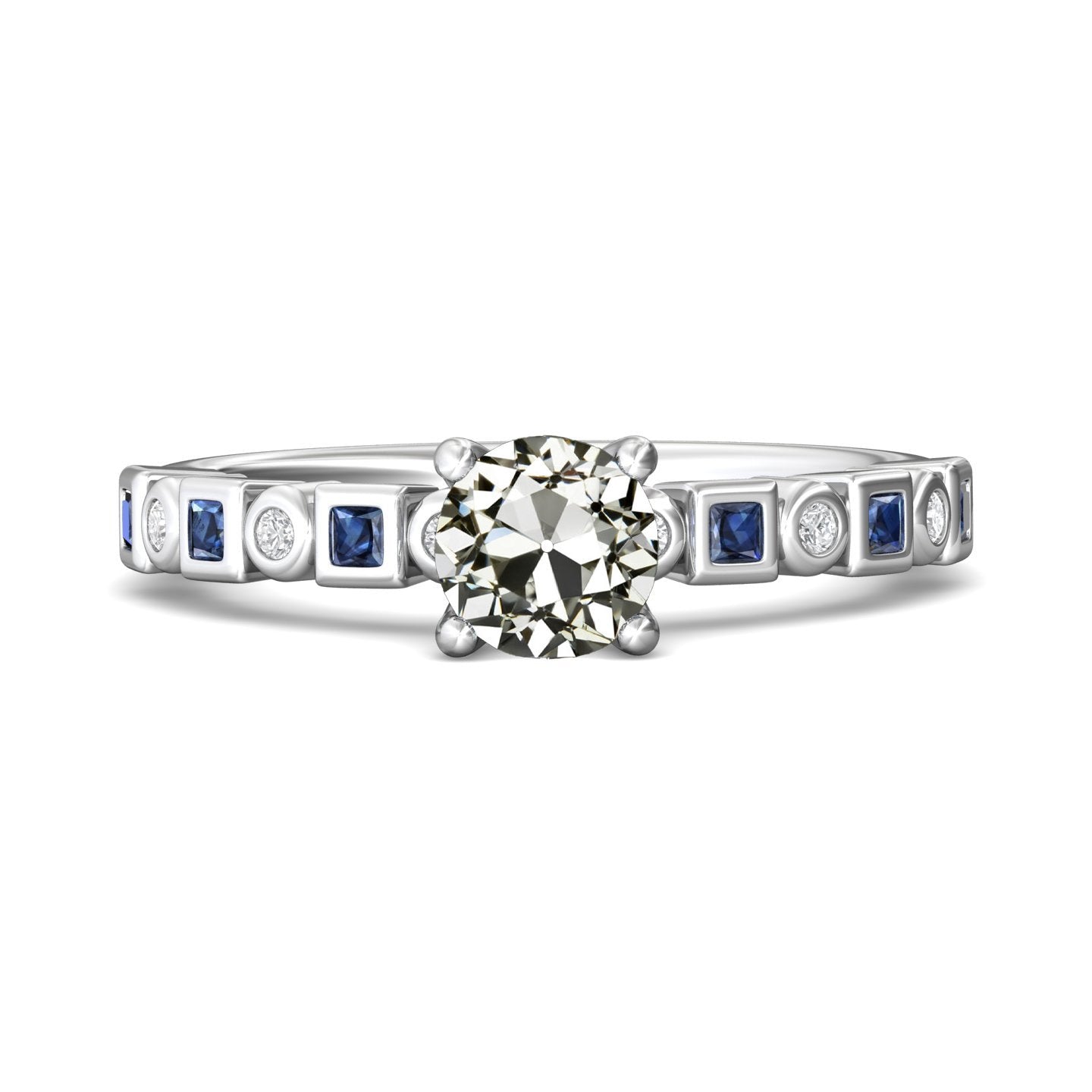 Runder Altschliff Diamant & Prinzessin Blauer Saphir Ring 4,50 Karat - harrychadent.ch