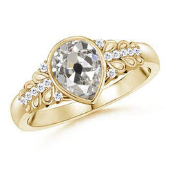 Runder Diamant & Birne Altschliff Ring Blatt-Stil Goldschmuck 2 Karat