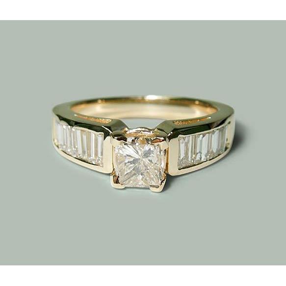 1.50 ct princess & baguette diamant-verlobungsring gelbgold