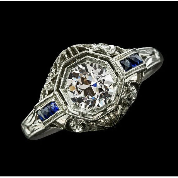 Wie Edwardian Jewelry Diamond Old Miner Ring Princess Blue Sapphire