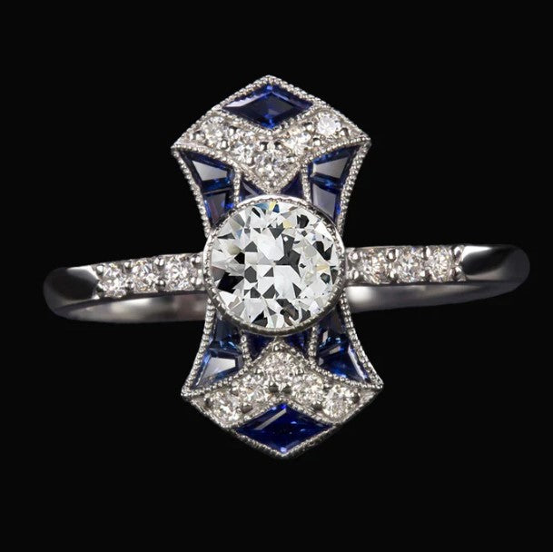 Art Deco Schmuck neu Alter Bergmannsdiamant & Damenring aus Saphir