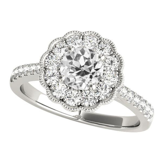 Halo-Hochzeitsring rund im alten Minenschliff-Diamant-Blumen-Stil 4 Karat - harrychadent.ch