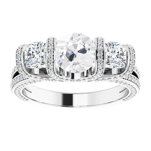 Kissen & Runder Altschliff Diamant Damenring Split Shank 10.50 Karat - harrychadent.ch