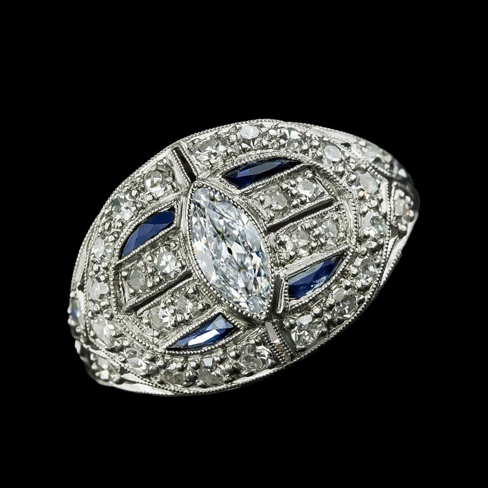 Marquise alter Bergmann Diamant & Blauer Saphir Ring Milgrain 3.25 Karat - harrychadent.ch