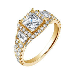 Princess Center Diamant Halo-Verlobungsring 3,50 cts. Gelbes Gold