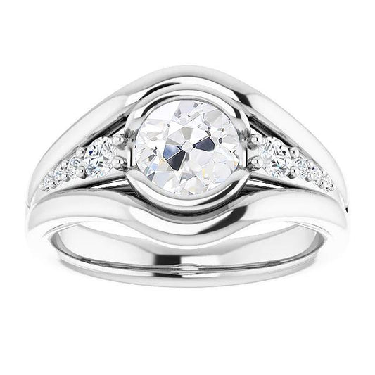 Runder alter Bergmann Diamantring mit halber Lünette, 3,25 Karat Weißgold - harrychadent.ch