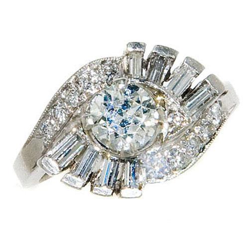 Runder und Baguette-Verlobungsring mit Diamanten im Vintage-Stil 2,30 Karat