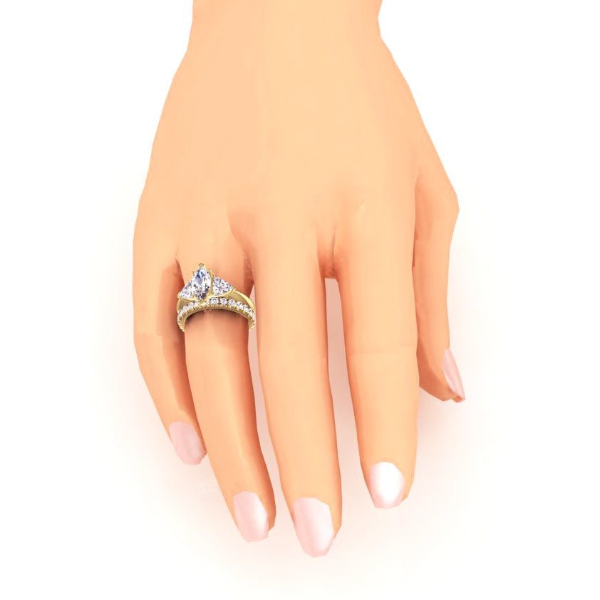 3-Steine-Marquise-Diamant-Billionen-Ring und passendes Band 3 Karat