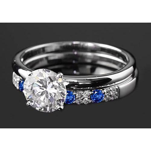 Verlobungsring-Set 2,75 Karat runder Diamant & blauer Saphir 4 Zinken